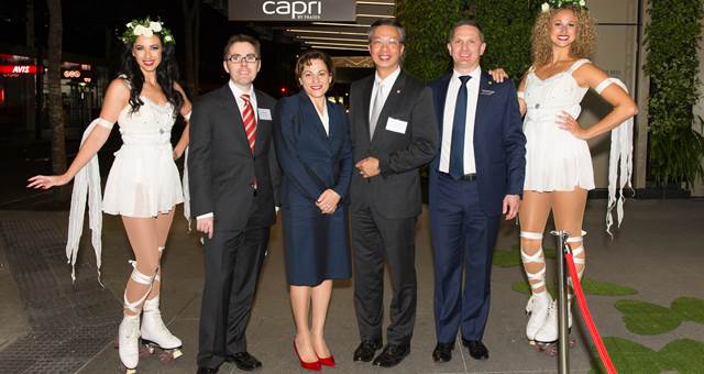 Brisbane Marketing CEO John Aitken, Deputy Premier Jackie Trad MP, Frasers CEO Choe Peng Sum and Capri by Frasers GM Mariusz Tymosiewicz 