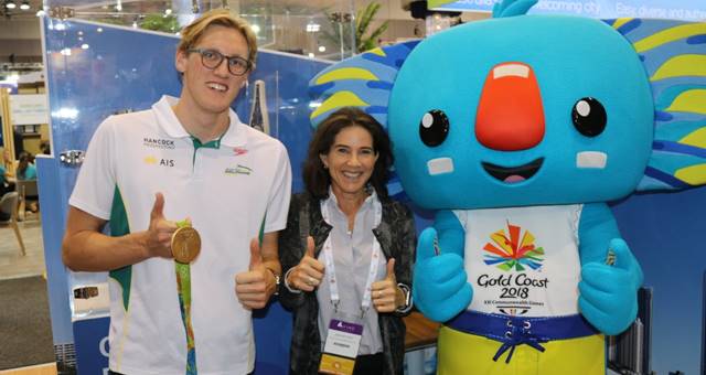 Rio 2016 Olympic gold medallist Mack Horton, Jan Hutton - chief marketing officer - Gold Coast Tourism and Borobi - the surfing koala - official mascot for the Gold Coast 2018 Commonwealth Games.jpg