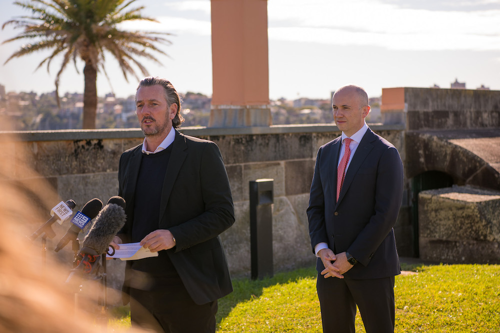 (L-R) The Point Group CEO Brett Robinson and NSW Minister for Energy and Environment Matt Kean at the press conference regarding fort denison dining and events
